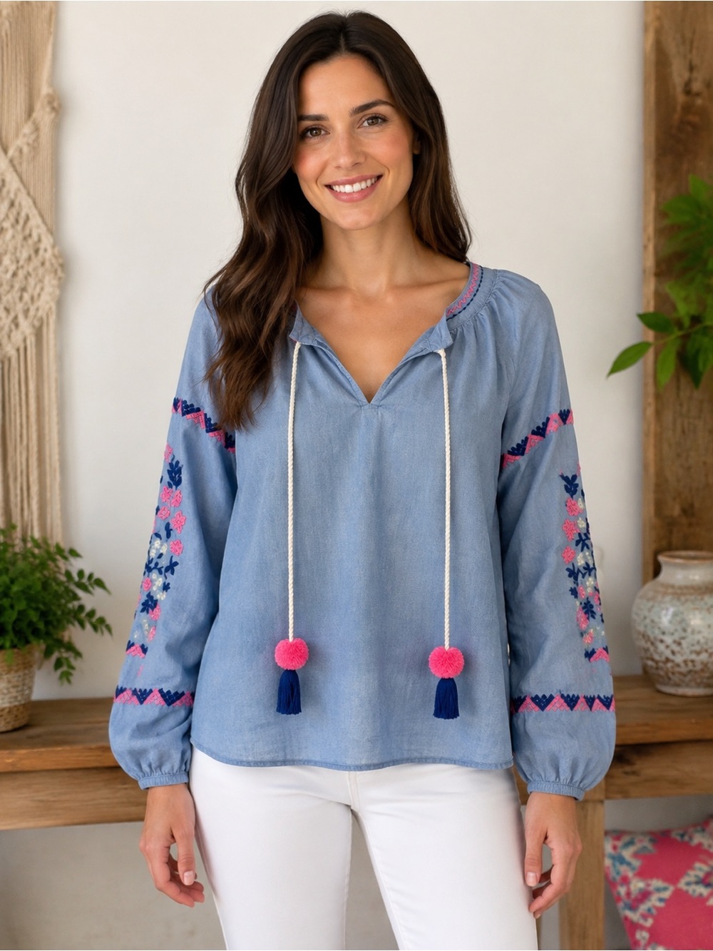 Lilly Pulitzer Embroidered Peasant Top with Pom Poms and Tassels Size Large